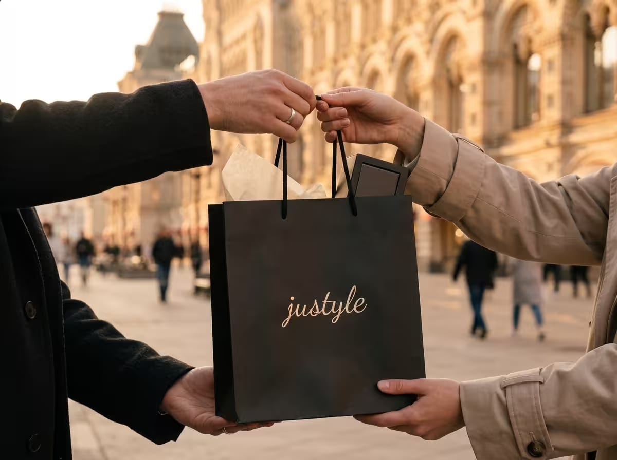 Передача фирменного пакета justyle из рук в руки на улице в центре Москвы