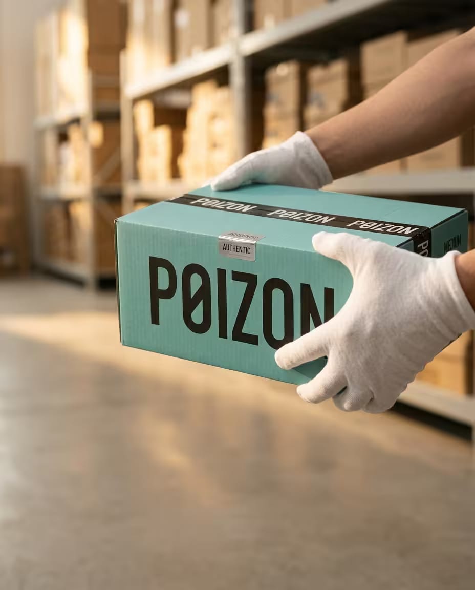 Руки в белых перчатках держат коробку Poizon на складе
